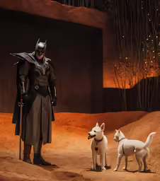 a man dressed as batman with two white dogs