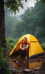 a man is sitting inside of a tent,a man sitting in a yellow tent next to a puddle