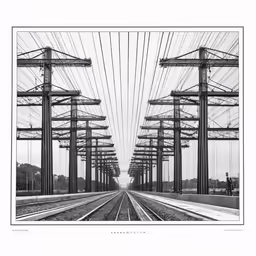 an architectural print showing power lines and trains