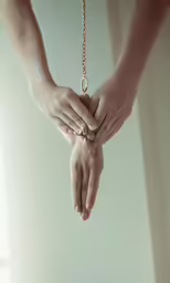 a woman holds on to a chain attached to her hands