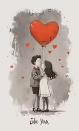 a couple kissing under an air balloon with hearts