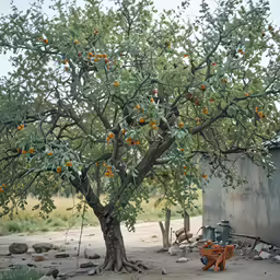 an orange tree with fruit on it with a sign next to it