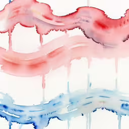 an abstract watercolor painting with red and blue streaks