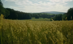 grassy field of tall grasses with distant hill behind