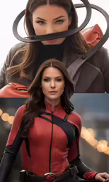 a woman wearing a red and black uniform, two pictures with scissors on her head