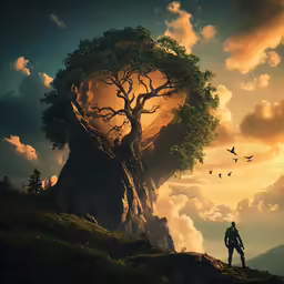a man standing in front of a giant tree with the heart shaped balloon of a bird above it