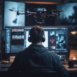 person at computer looking through a small camera to fly above
