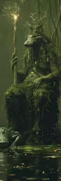 the monster was holding a lit candle up with his hands,an artistic painting of a creature on a tree stump holding a candle