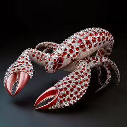 a red and white snake sculpture is placed in the dark