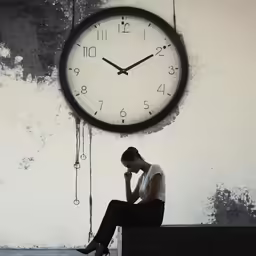 woman sitting on bench in front of clock with chains coming out of it
