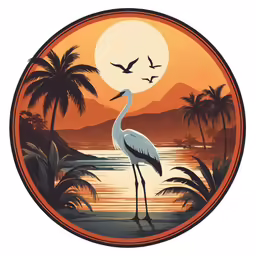 a painting of a bird standing in front of a sunset