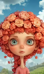 a girl with orange roses on her hair and blue eyes