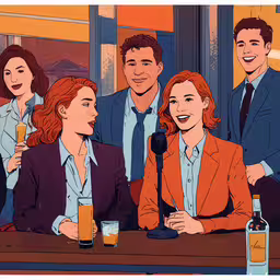 a group of people sitting around a table talking,the animated image shows people talking and drinking beer
