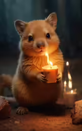a brown furry animal holding a lit candle