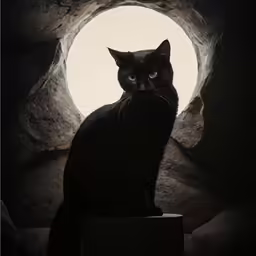 a black cat with a light shining on its face