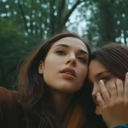 two young women wearing scarves pose together in a forest