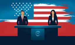 a man and woman are standing in front of an american flag