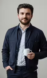 a man in black shirt holding coffee cup
