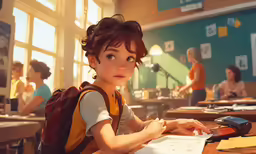 a young girl with a backpack sitting in front of desks and people looking off