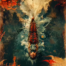 a painting of a man floating in a body of water
