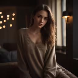 a woman is posing in a dark room