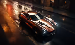 a red sports car is driving on the road