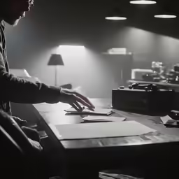 a man in the dark is making some type of paper
