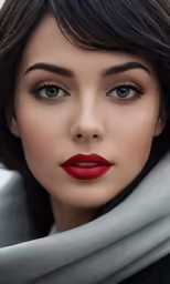 a woman with dark hair and red lipstick