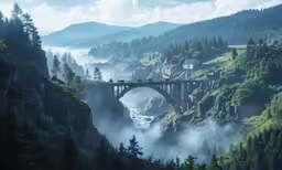 a large bridge over a canyon filled with fog