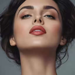 a woman wearing orange lipstick and makeup looks upward while wearing silver bracelets