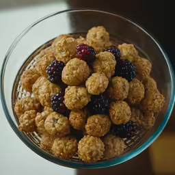 a bowl of food is filled with berries and cookies