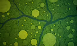 some green and yellow abstract paintings with circles