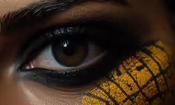 an eye with yellow and black design painted on it
