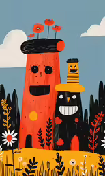 two weird looking monsters standing next to each other
