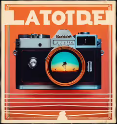 a camera is shown in this orange poster,an old camera is featured on an orange background