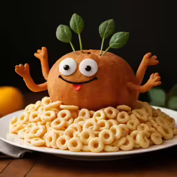 a plate with food, ears, and eyes made to look like a tomato