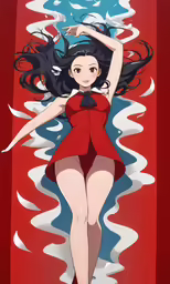 a anime character poses with her arms out while holding onto a long tail