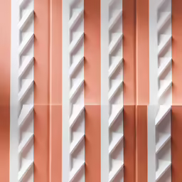 a red and white wall with different colored patterns