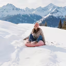 a young girl is sitting in the snow and wearing a hat