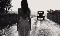 the back of a woman walking away from an old car