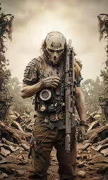 a man with a machine gun in his hands standing on a dirt field