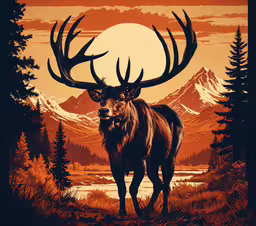a elk in the wilderness is shown with red sunset,a deer stands in front of the sunset with mountain landscape and pine trees