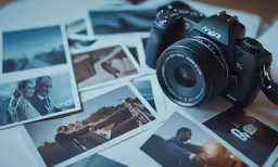 several polaroid images surrounding a black camera