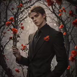 a young man in a suit and red flowers