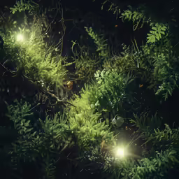 close up of several small lights in green tree branches