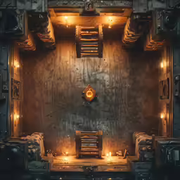 a metal background with two benches and lights