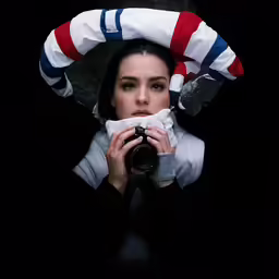 a girl is dressed as an american flag holding a camera