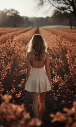 a woman in a dress walking in a field