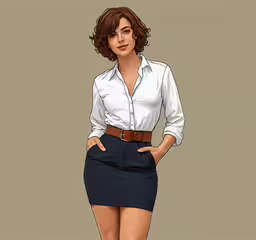 a girl wearing a short skirt with heels on the side,a woman in shorts and shirt standing with her hands on her hips