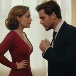a man in a suit standing next to a woman in a red dress